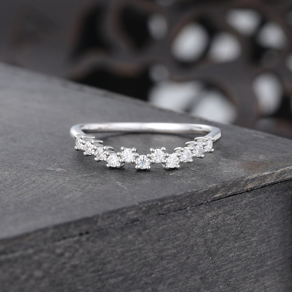White Gold Unique Moissanite Curved Wedding band
