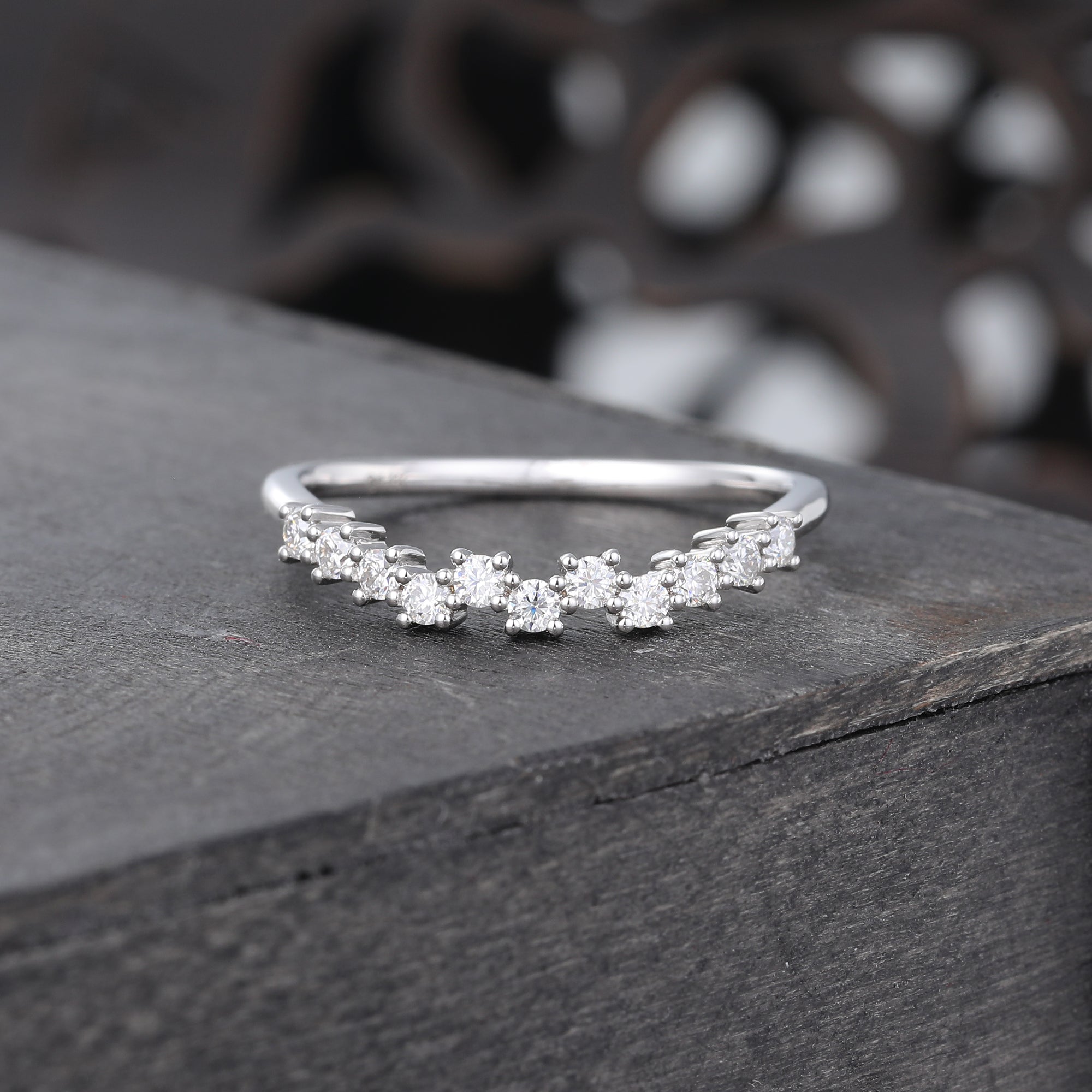White Gold Unique Moissanite Curved Wedding band