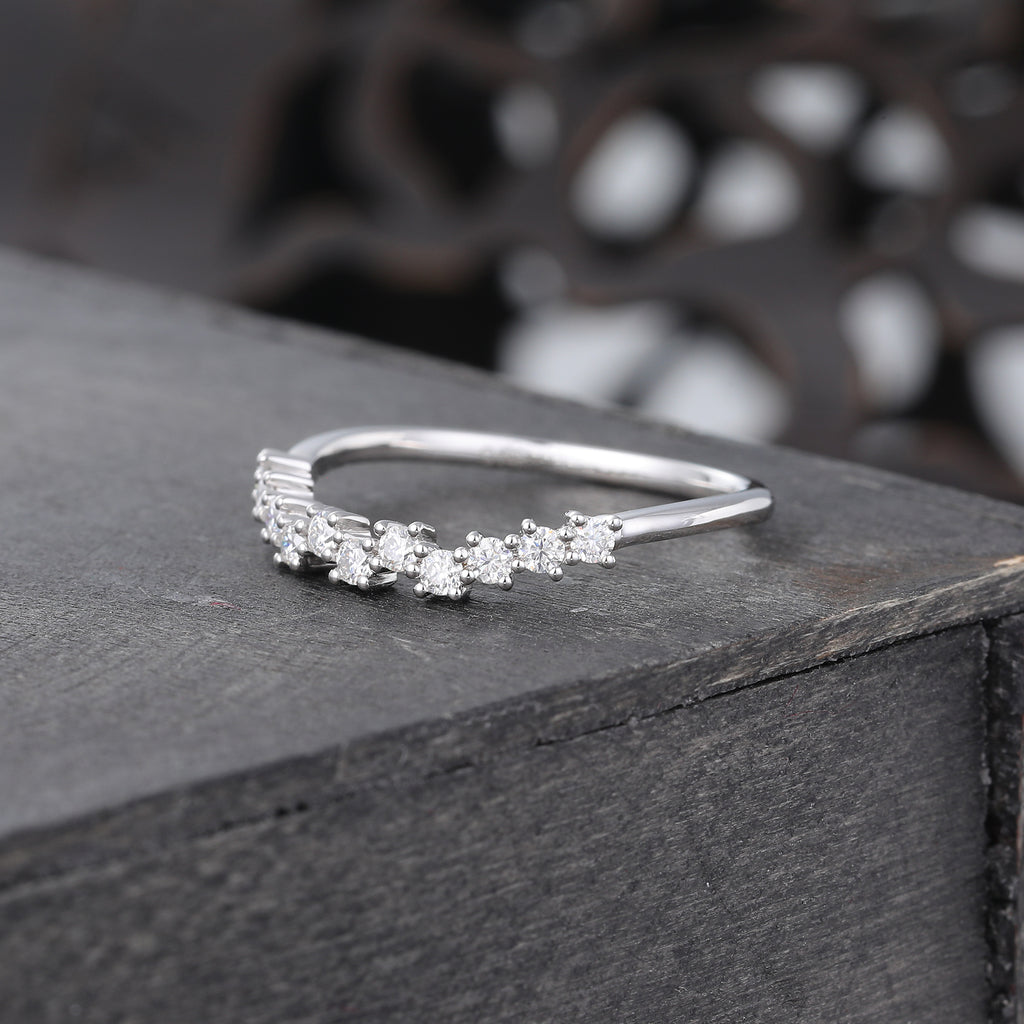 White Gold Unique Moissanite Curved Wedding band