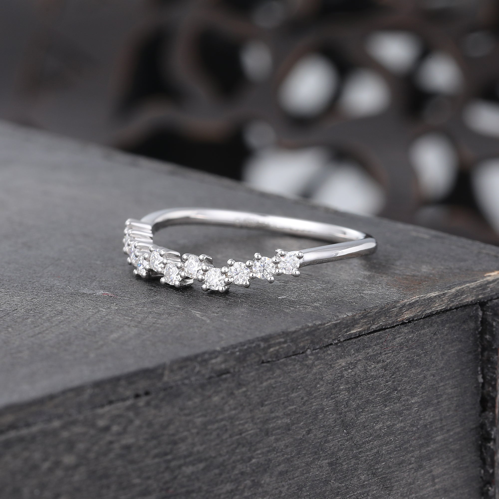 White Gold Unique Moissanite Curved Wedding band