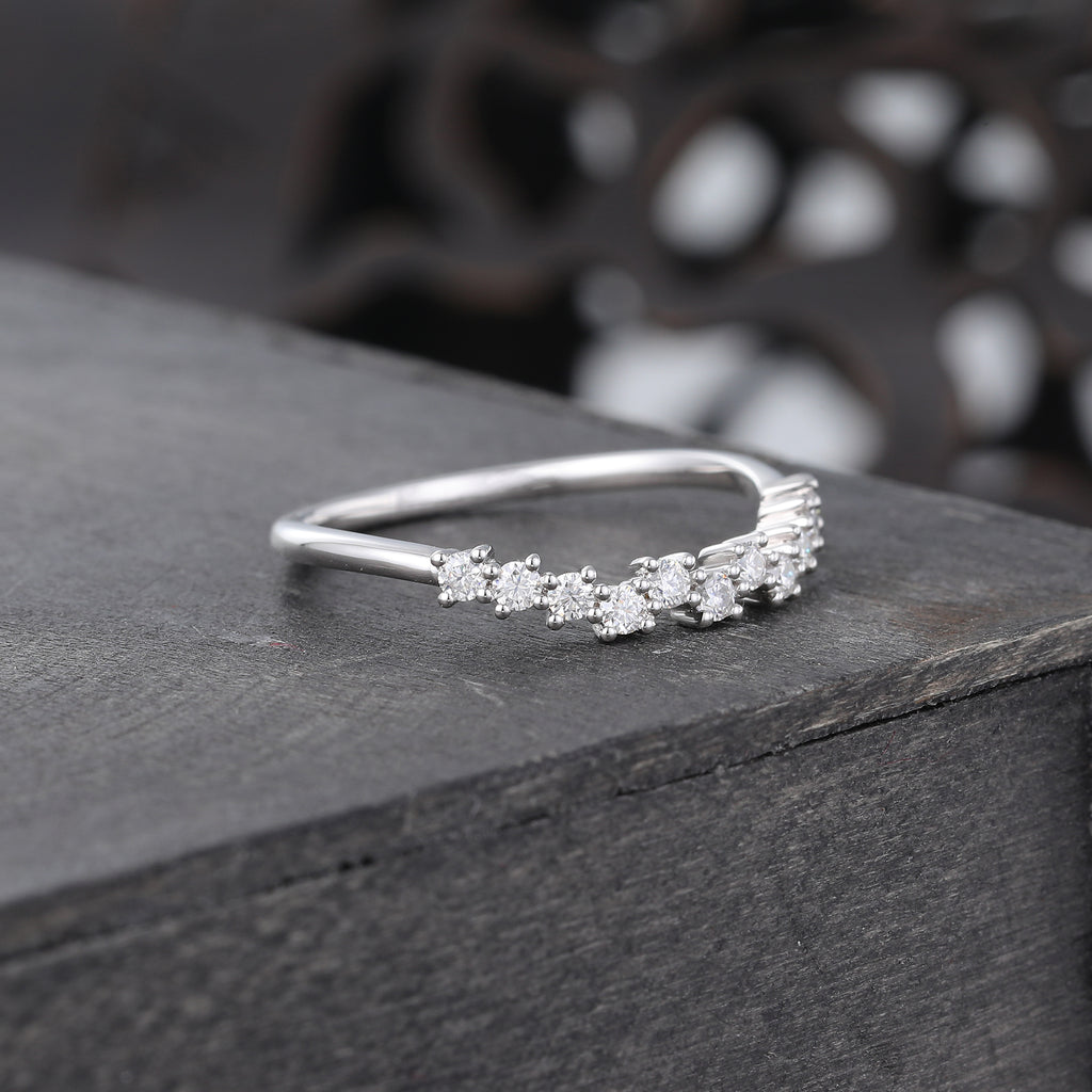White Gold Unique Moissanite Curved Wedding band