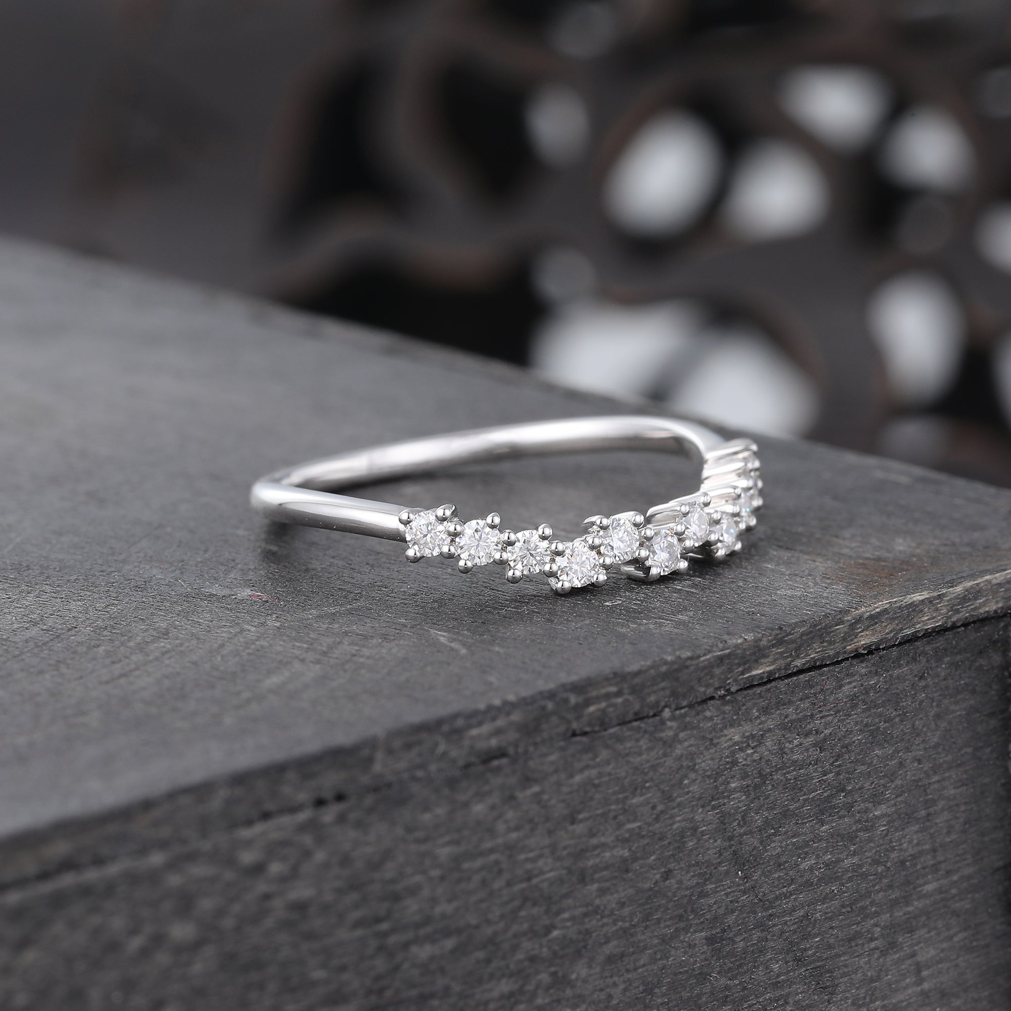 White Gold Unique Moissanite Curved Wedding band