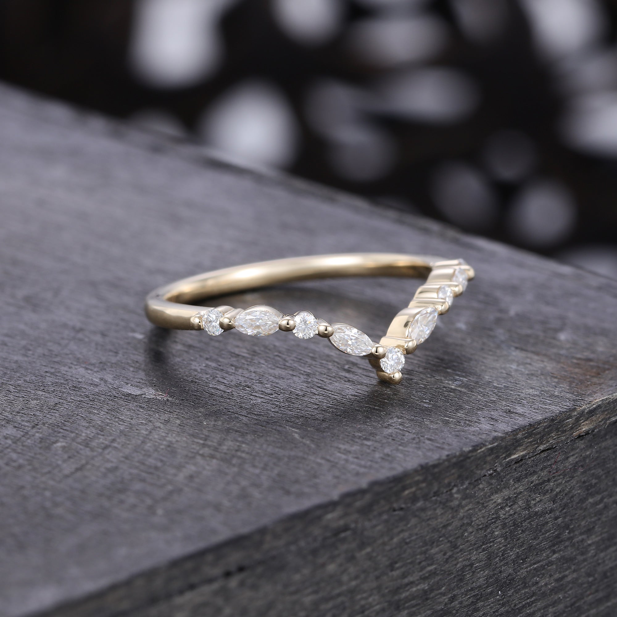 Yellow Gold Unique Moissanite Curved Wedding Band