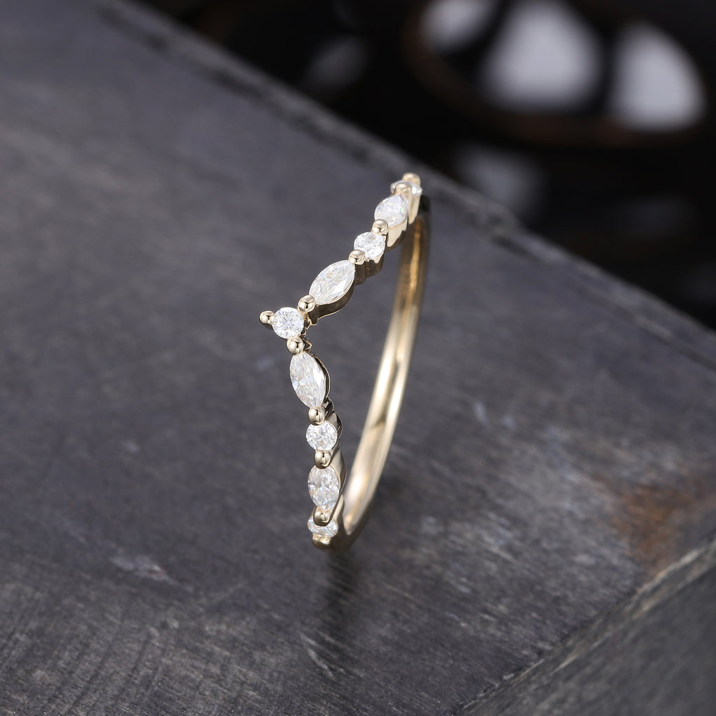 Yellow Gold Unique Moissanite Curved Wedding Band