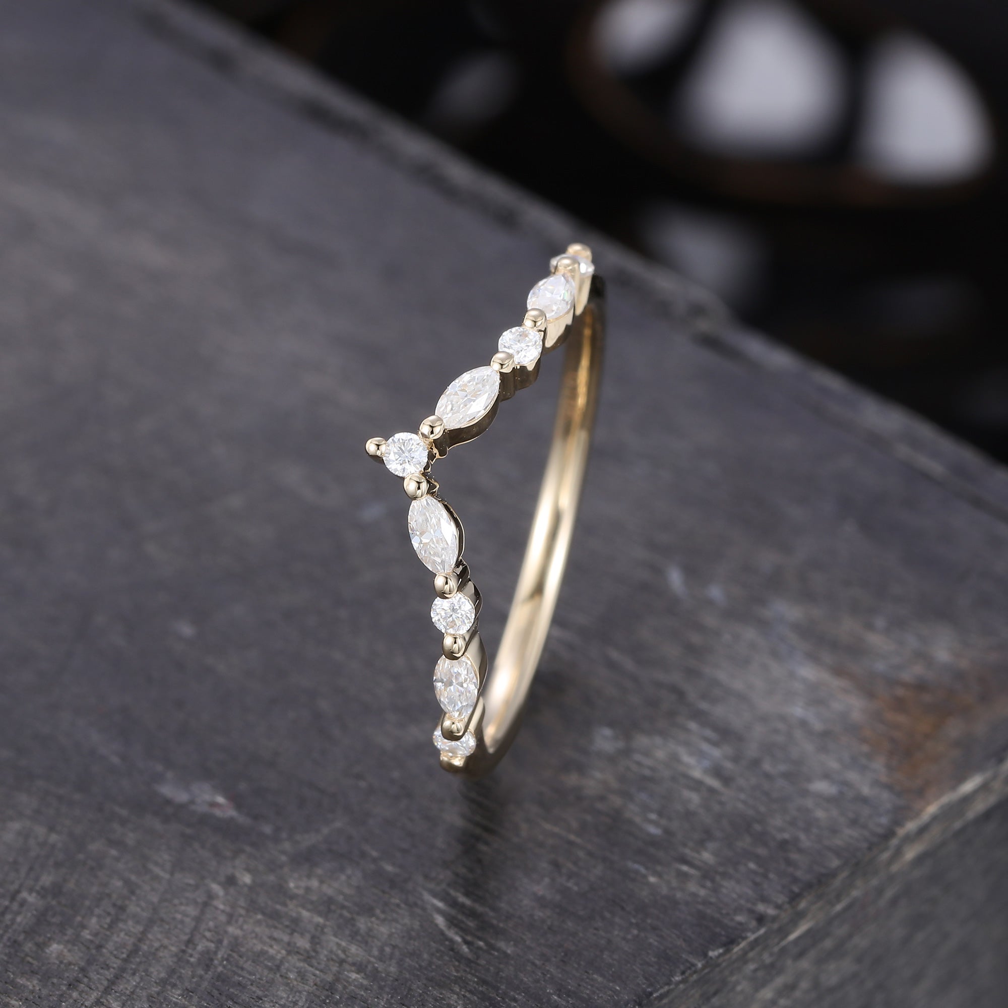 Yellow Gold Unique Moissanite Curved Wedding Band