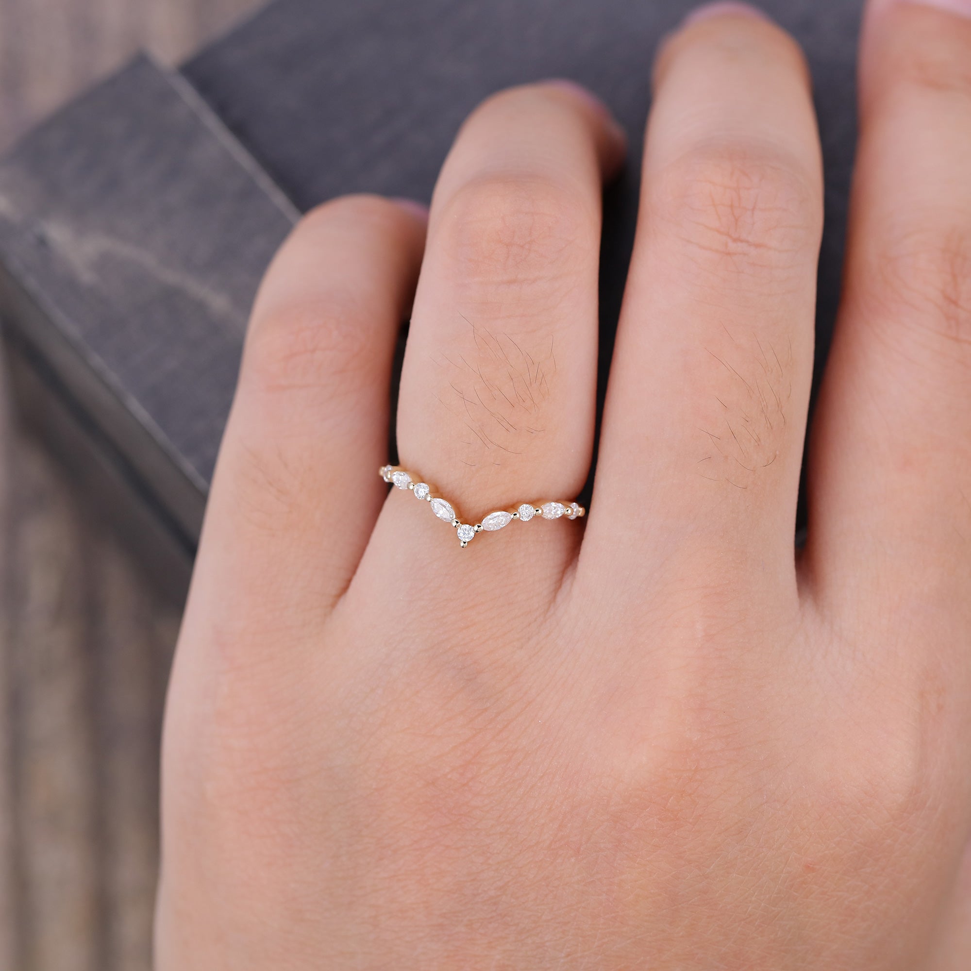 Yellow Gold Unique Moissanite Curved Wedding Band