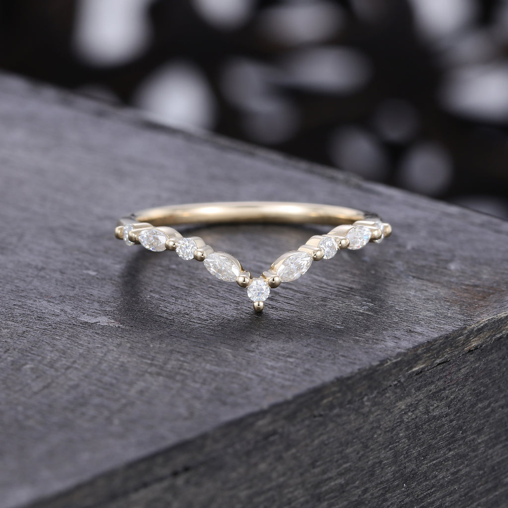 Yellow Gold Unique Moissanite Curved Wedding Band