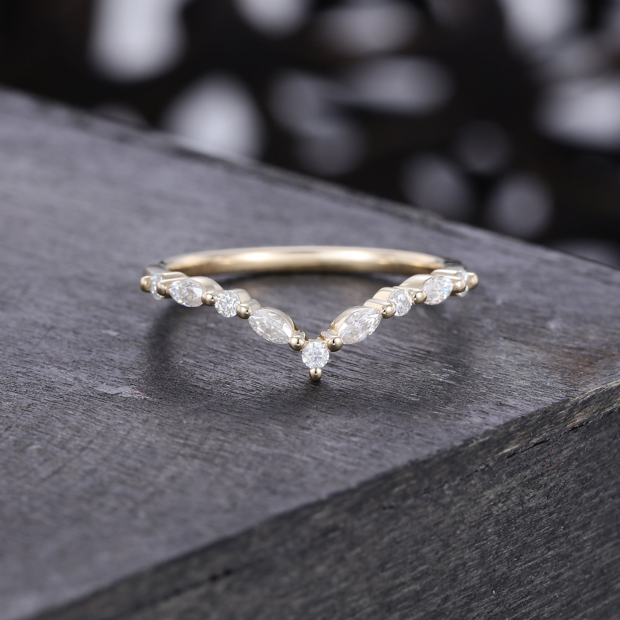 Yellow Gold Unique Moissanite Curved Wedding Band